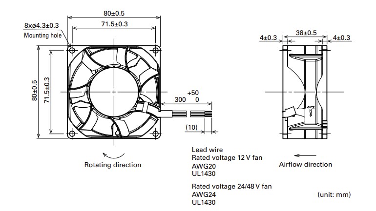 Mechanical Drawing - Sanyo Denki San Ace 80L 9LG High Airflow, Long Life DC Fans